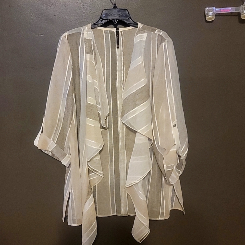 IC by Connie K, Size Large, Beige/Tan Multi tone Stripe Sheer Open front Top